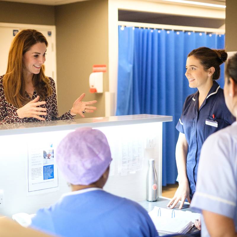 The Princess of Wales talking to midwives